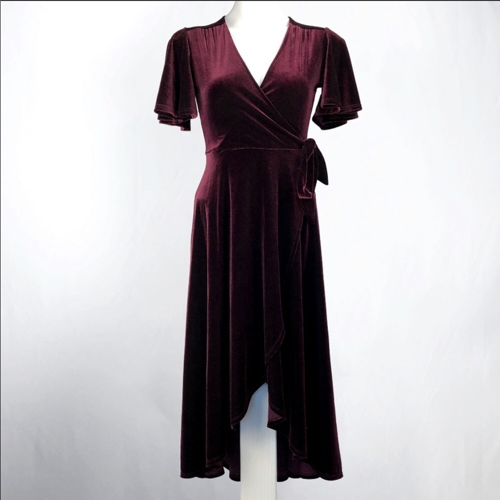 Soprano Wine Velvet Flutter Faux Wrap Dress S